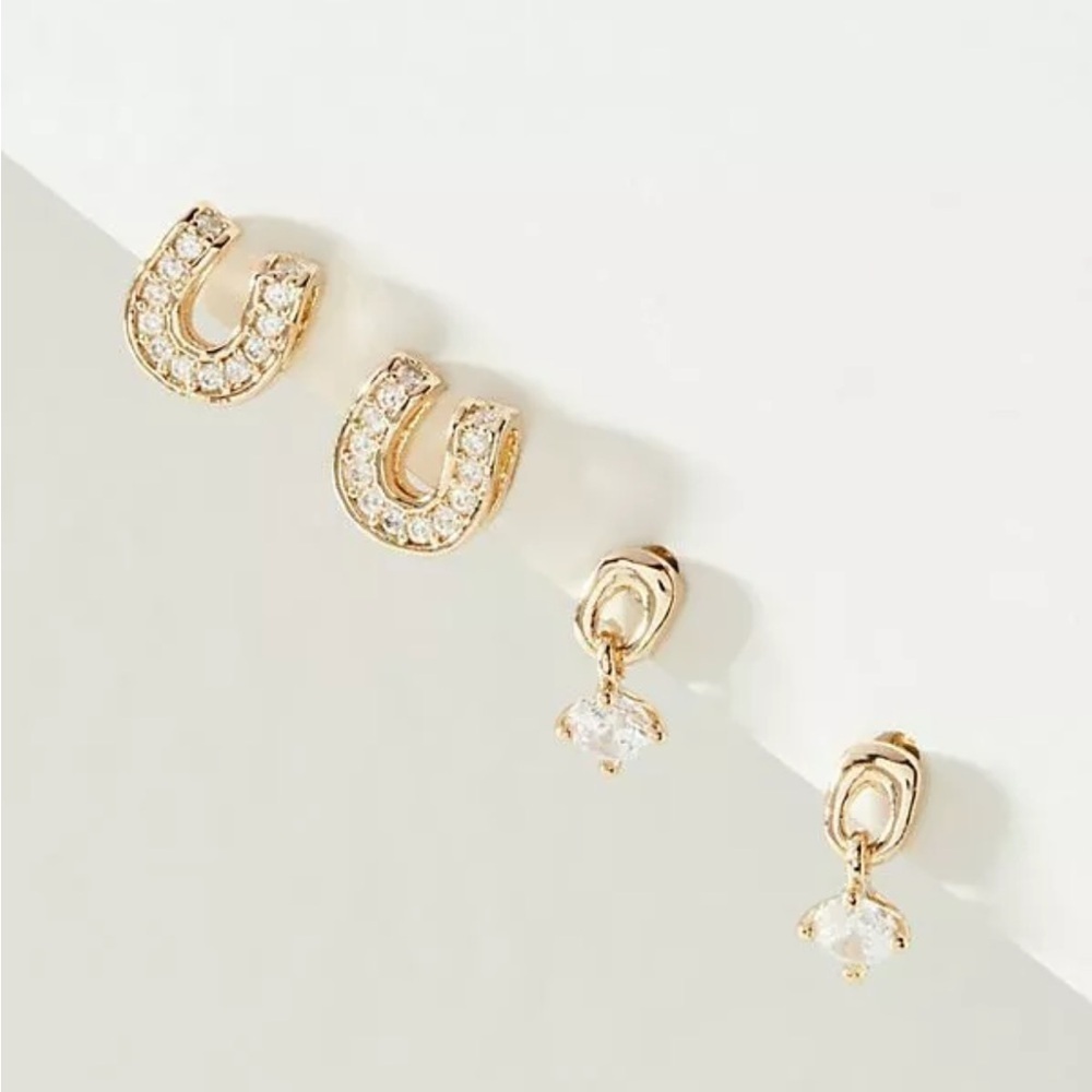 NWT Anthropologie Earrings SET OF TWO- Horseshoe & Crystal Dangles